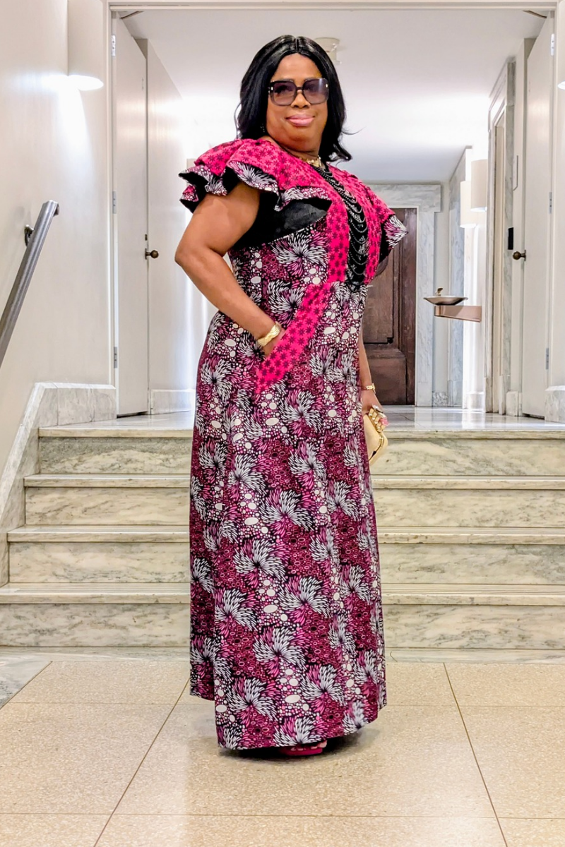 Ayana Dress. Pink Floral Accent.