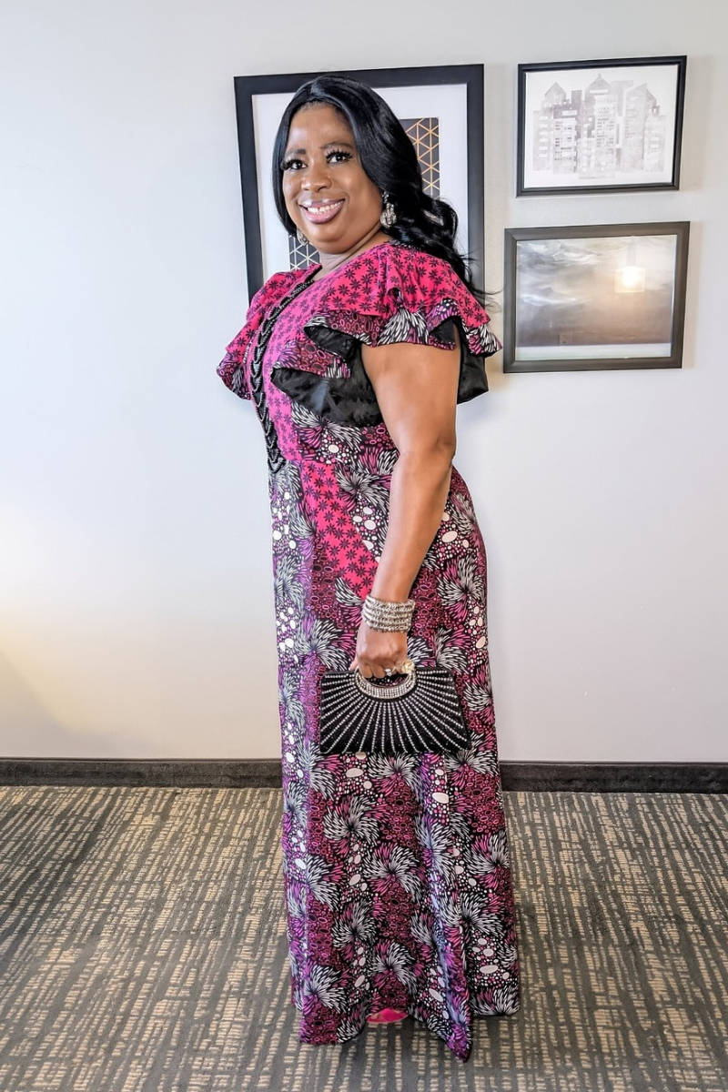 Ayana Dress. Pink Floral Accent.