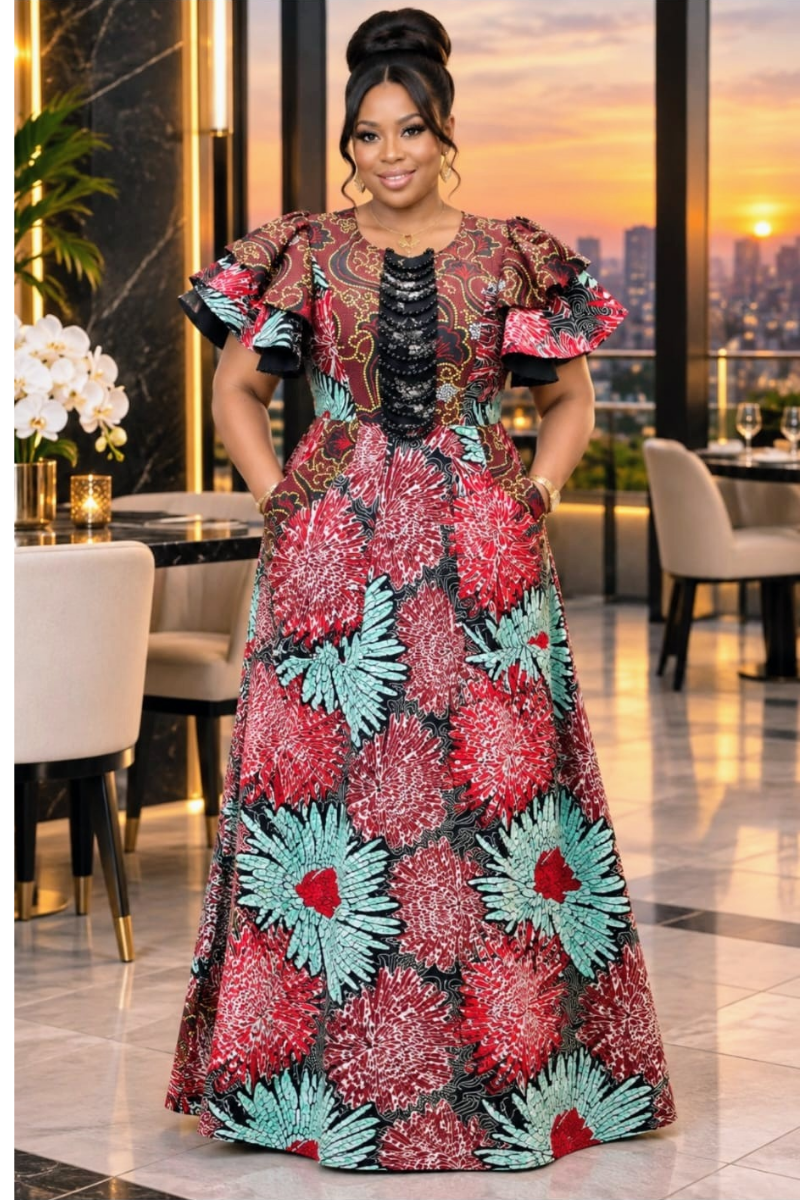 Ayana Dress Crimson Red Floral Accent.