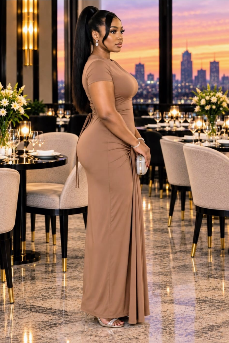Selene Ruched Brown Gown.