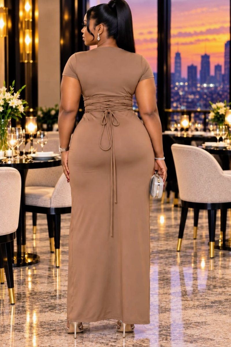 Selene Ruched Brown Gown.