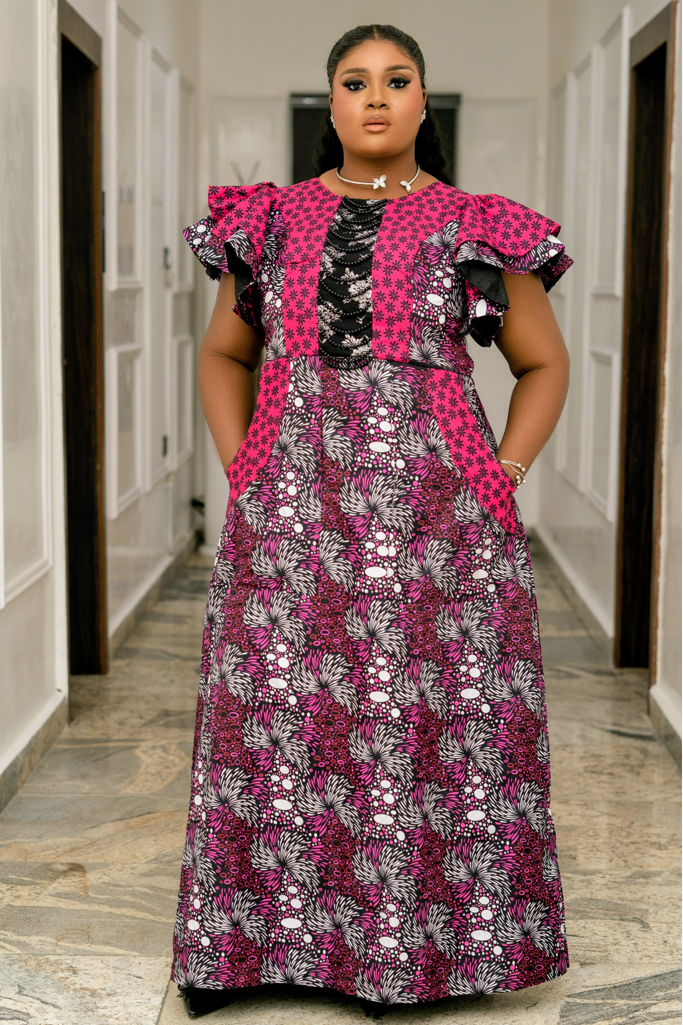 Ayana Dress. Pink Floral Accent.