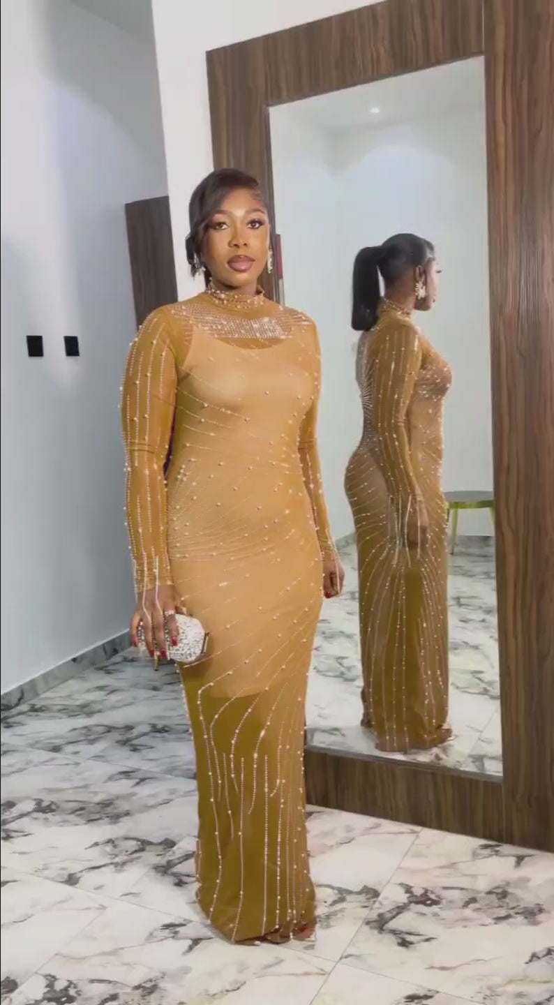 Grace Rhinestones Gold Dress
